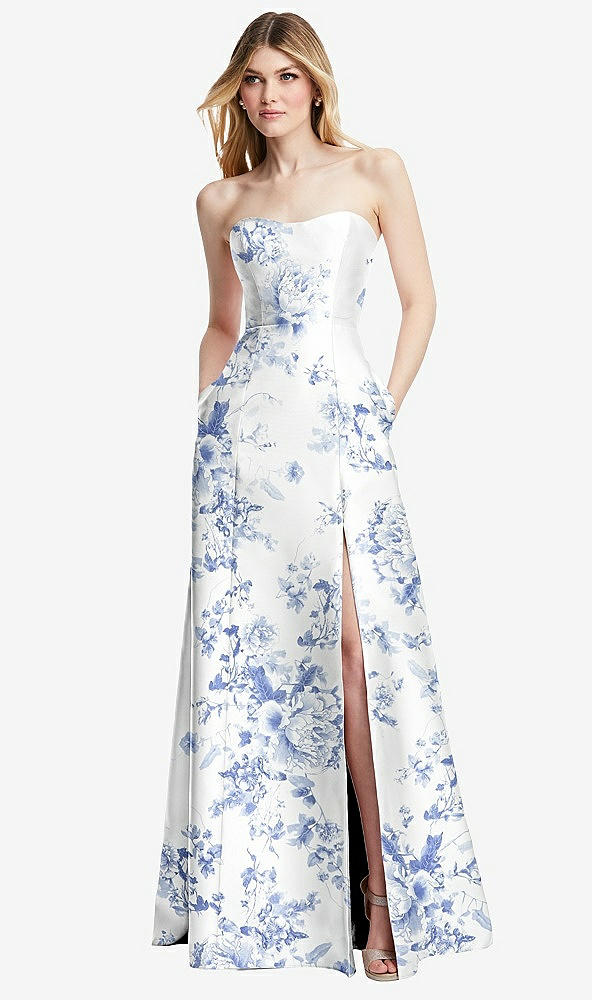 Front View - Cottage Rose Larkspur Strapless A-line Floral Satin Gown with Modern Bow Detail