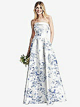 Alt View 1 Thumbnail - Cottage Rose Larkspur Strapless Bias Cuff Bodice Floral Satin Gown with Pockets