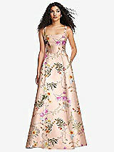 Front View Thumbnail - Butterfly Botanica Pink Sand Boned Corset Closed-Back Floral Satin Gown with Full Skirt