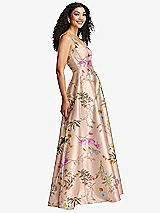 Side View Thumbnail - Butterfly Botanica Pink Sand Boned Corset Closed-Back Floral Satin Gown with Full Skirt