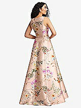 Rear View Thumbnail - Butterfly Botanica Pink Sand Boned Corset Closed-Back Floral Satin Gown with Full Skirt