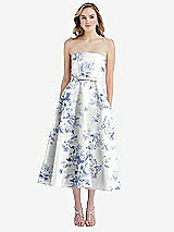 Front View Thumbnail - Cottage Rose Larkspur Strapless Bow-Waist Full Skirt Floral Satin Midi Dress