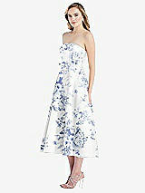 Side View Thumbnail - Cottage Rose Larkspur Strapless Bow-Waist Full Skirt Floral Satin Midi Dress