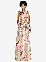 Front View Thumbnail - Butterfly Botanica Pink Sand Jewel-Neck V-Back Floral Satin Maxi Dress with Mini Sash