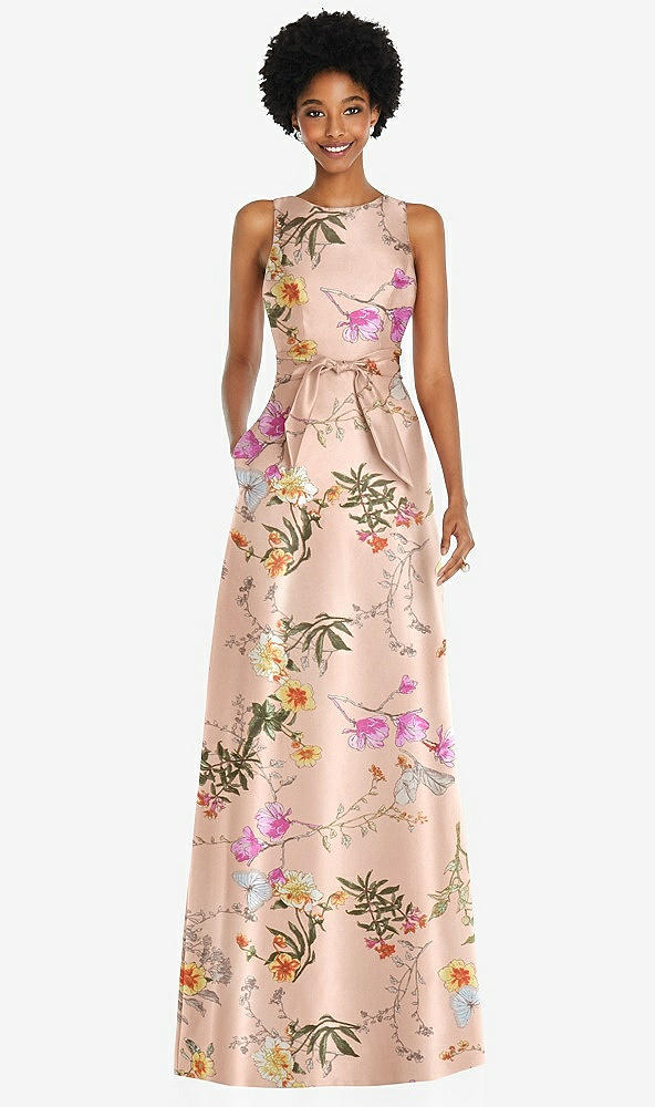 Front View - Butterfly Botanica Pink Sand Jewel-Neck V-Back Floral Satin Maxi Dress with Mini Sash