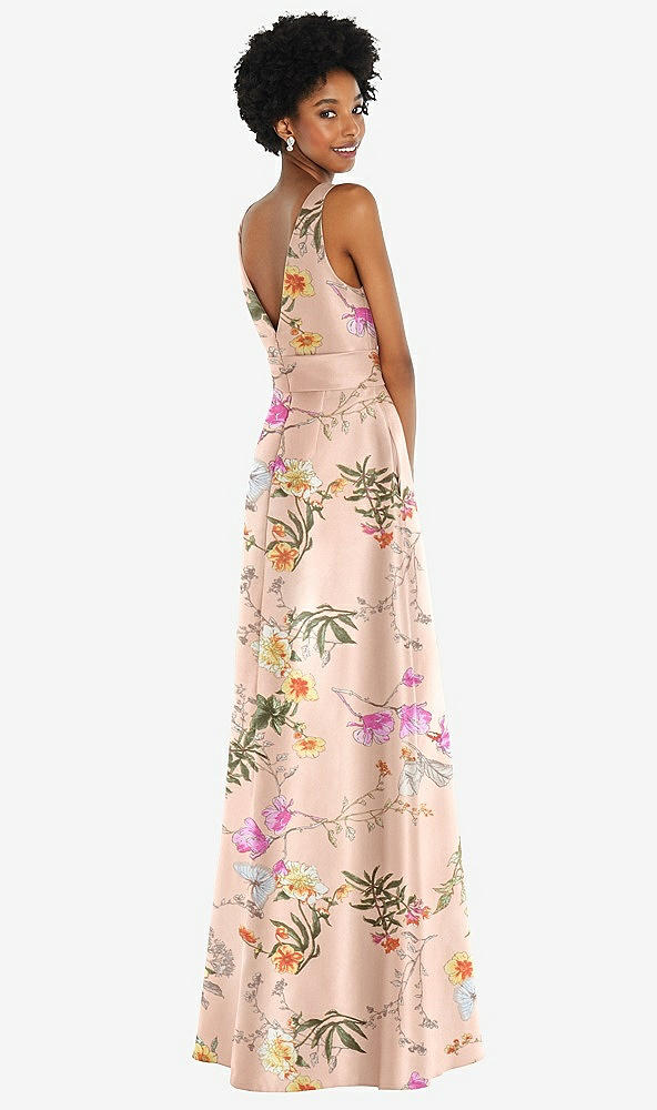 Back View - Butterfly Botanica Pink Sand Jewel-Neck V-Back Floral Satin Maxi Dress with Mini Sash
