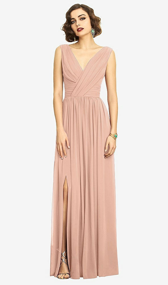 Front View - Pale Peach Sleeveless Draped Chiffon Maxi Dress with Front Slit