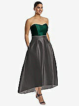 Alt View 1 Thumbnail - Caviar Gray & Hunter Green Strapless Satin High Low Dress with Pockets