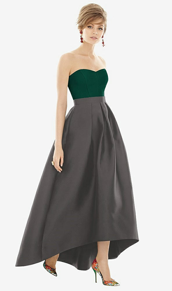 Front View - Caviar Gray & Hunter Green Strapless Satin High Low Dress with Pockets