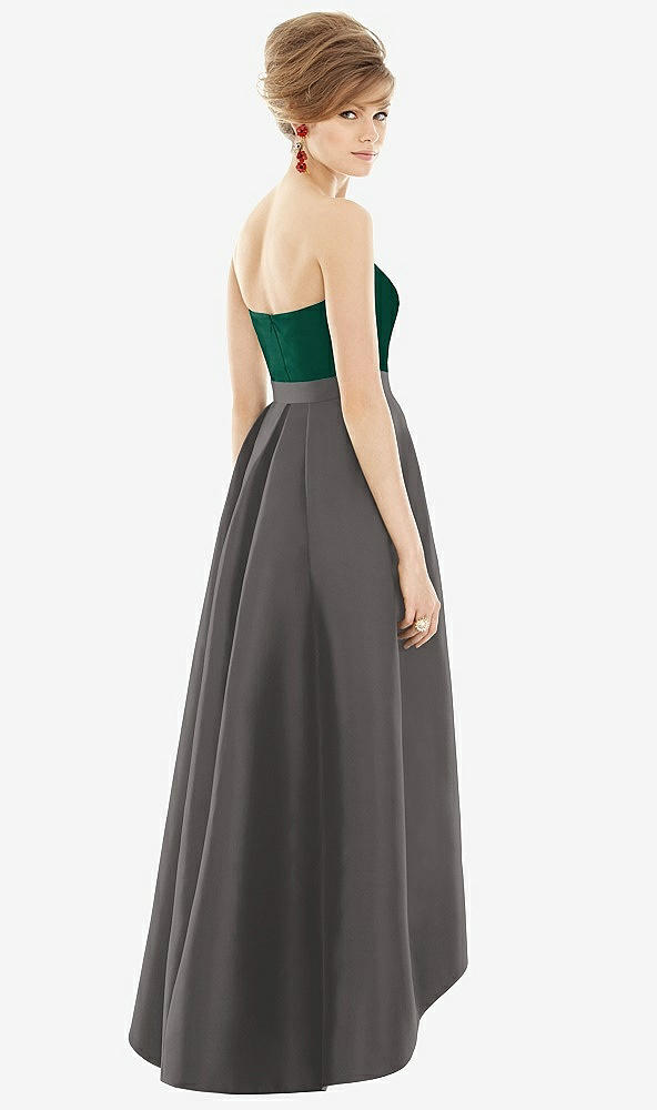 Back View - Caviar Gray & Hunter Green Strapless Satin High Low Dress with Pockets
