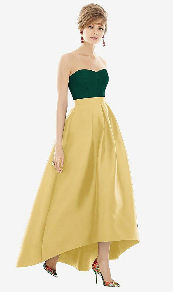 Front View - Maize & Hunter Green Strapless Satin High Low Dress with Pockets