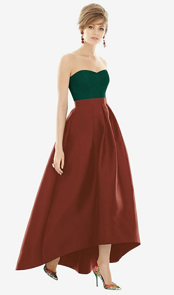 Front View - Auburn Moon & Hunter Green Strapless Satin High Low Dress with Pockets