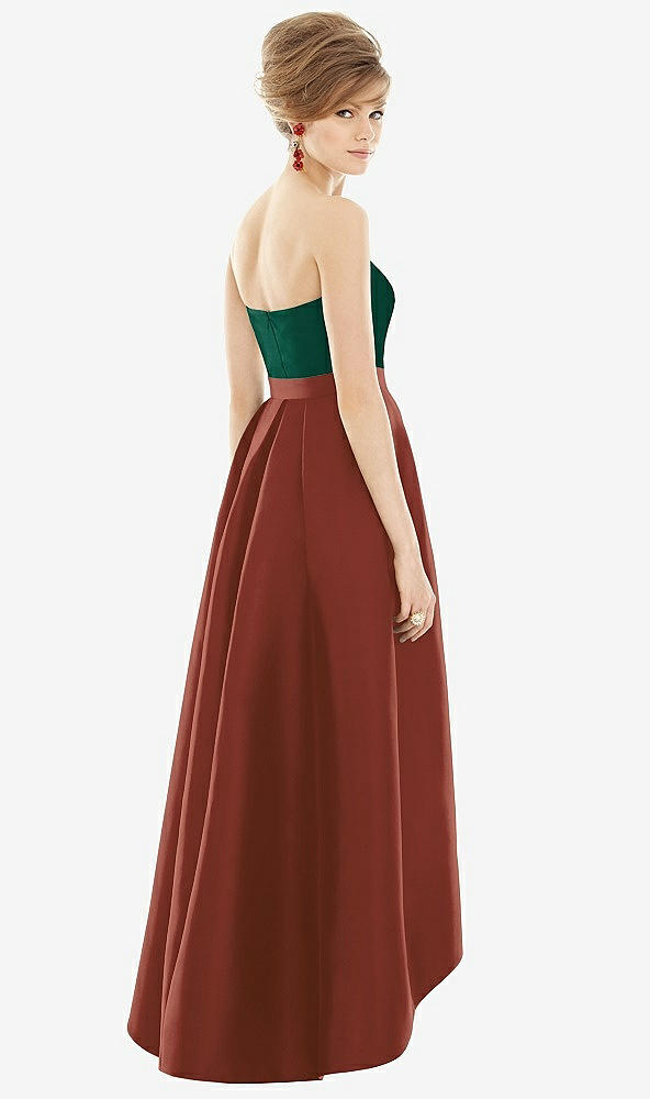 Back View - Auburn Moon & Hunter Green Strapless Satin High Low Dress with Pockets