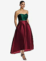 Alt View 1 Thumbnail - Burgundy & Hunter Green Strapless Satin High Low Dress with Pockets
