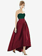 Front View Thumbnail - Burgundy & Hunter Green Strapless Satin High Low Dress with Pockets
