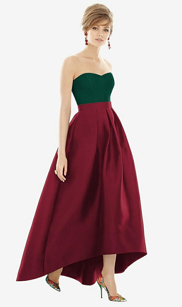 Front View - Burgundy & Hunter Green Strapless Satin High Low Dress with Pockets