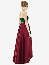 Rear View Thumbnail - Burgundy & Hunter Green Strapless Satin High Low Dress with Pockets