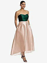 Alt View 1 Thumbnail - Cameo & Hunter Green Strapless Satin High Low Dress with Pockets