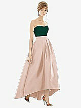 Front View Thumbnail - Cameo & Hunter Green Strapless Satin High Low Dress with Pockets