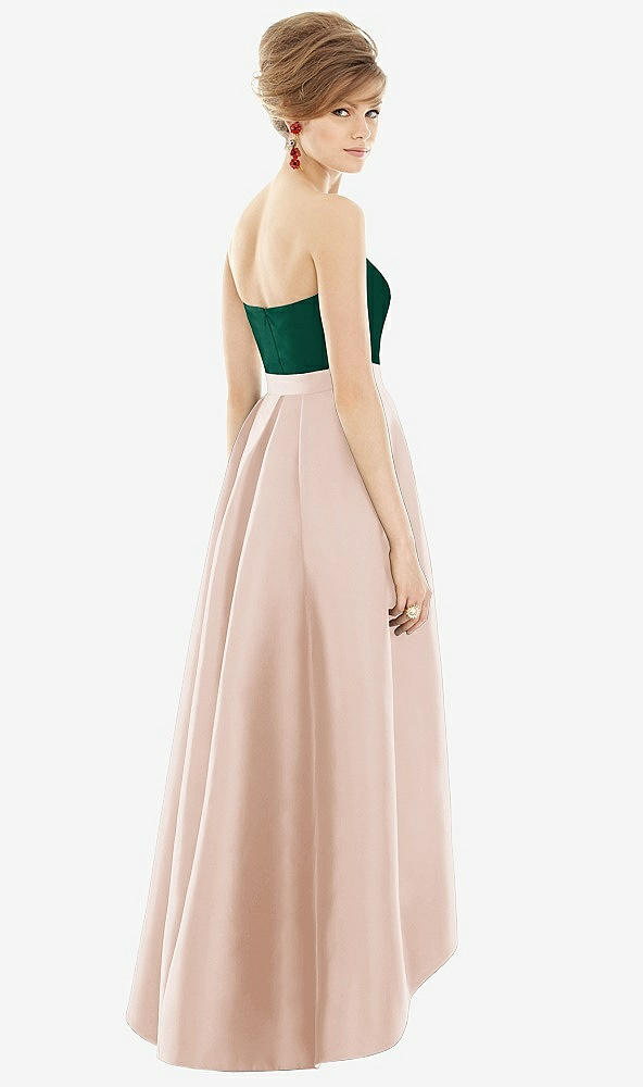 Back View - Cameo & Hunter Green Strapless Satin High Low Dress with Pockets