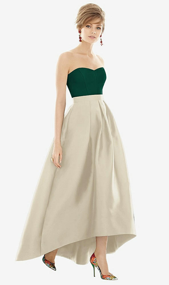 Front View - Champagne & Hunter Green Strapless Satin High Low Dress with Pockets