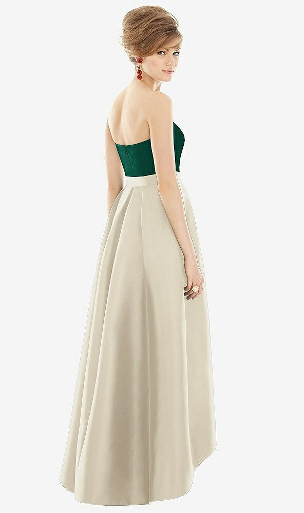 Back View - Champagne & Hunter Green Strapless Satin High Low Dress with Pockets