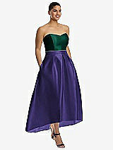 Alt View 1 Thumbnail - Grape & Hunter Green Strapless Satin High Low Dress with Pockets