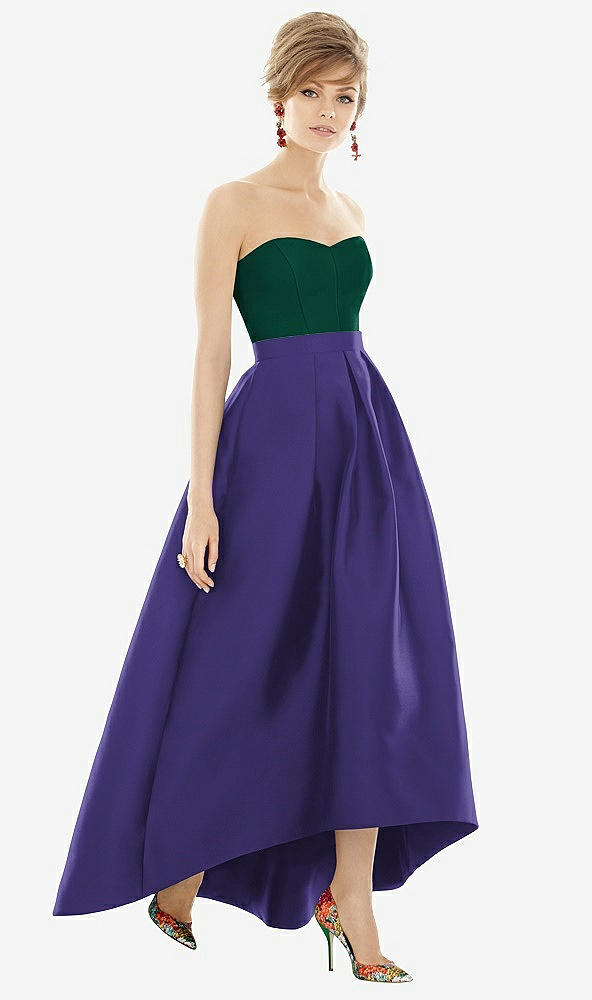 Front View - Grape & Hunter Green Strapless Satin High Low Dress with Pockets