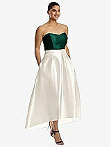 Alt View 1 Thumbnail - Ivory & Hunter Green Strapless Satin High Low Dress with Pockets