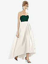 Front View Thumbnail - Ivory & Hunter Green Strapless Satin High Low Dress with Pockets