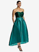 Alt View 1 Thumbnail - Jade & Hunter Green Strapless Satin High Low Dress with Pockets