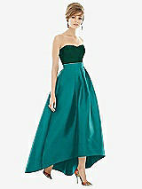 Front View Thumbnail - Jade & Hunter Green Strapless Satin High Low Dress with Pockets