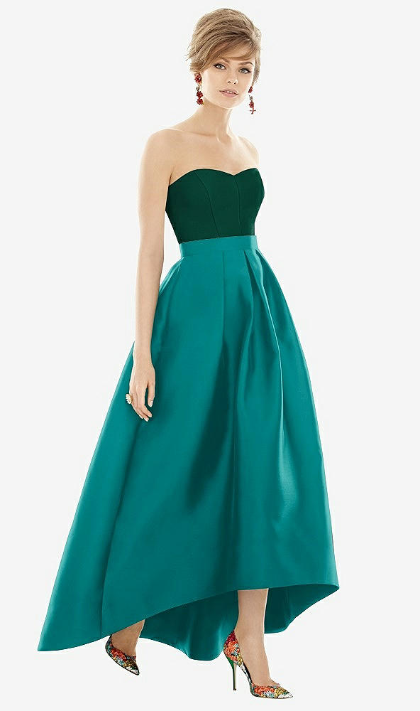 Front View - Jade & Hunter Green Strapless Satin High Low Dress with Pockets