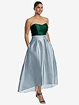 Alt View 1 Thumbnail - Mist & Hunter Green Strapless Satin High Low Dress with Pockets