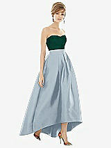 Front View Thumbnail - Mist & Hunter Green Strapless Satin High Low Dress with Pockets