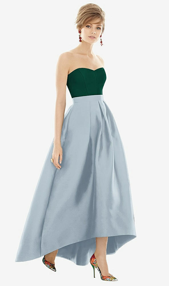 Front View - Mist & Hunter Green Strapless Satin High Low Dress with Pockets