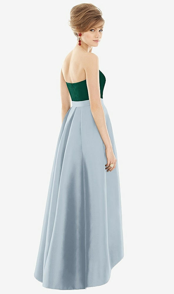 Back View - Mist & Hunter Green Strapless Satin High Low Dress with Pockets