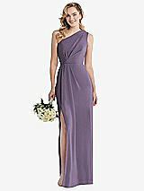 Front View Thumbnail - Lavender One-Shoulder Draped Bodice Column Gown