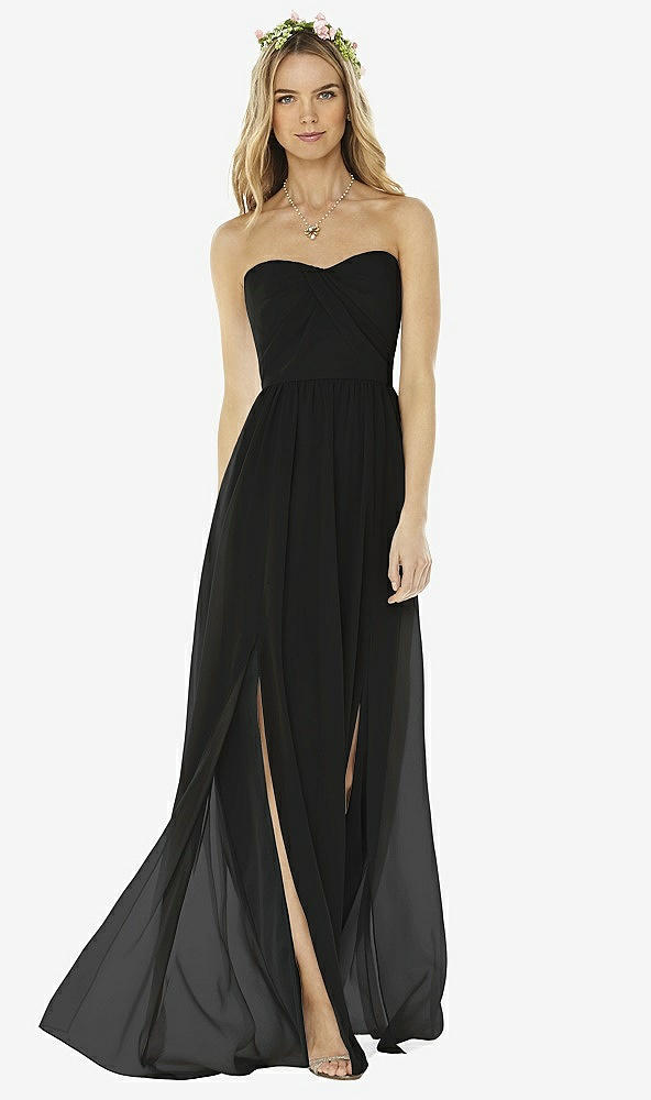Front View - Black Strapless Draped Bodice Maxi Dress with Front Slits