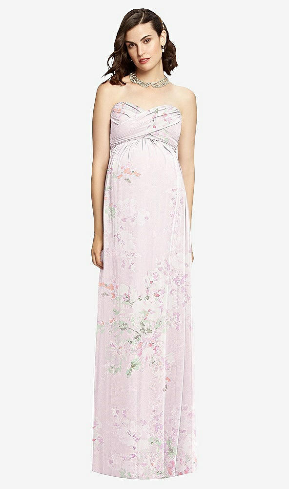 Front View - Watercolor Print Draped Bodice Strapless Maternity Dress
