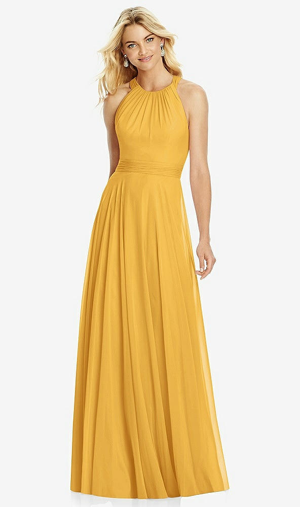 Front View - NYC Yellow Cross Strap Open-Back Halter Maxi Dress