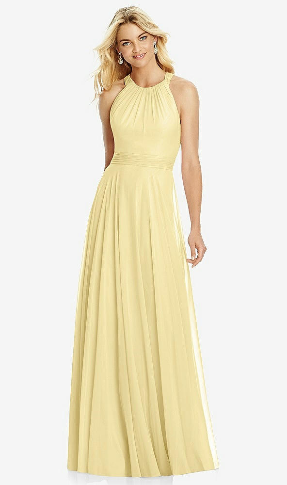 Front View - Pale Yellow Cross Strap Open-Back Halter Maxi Dress