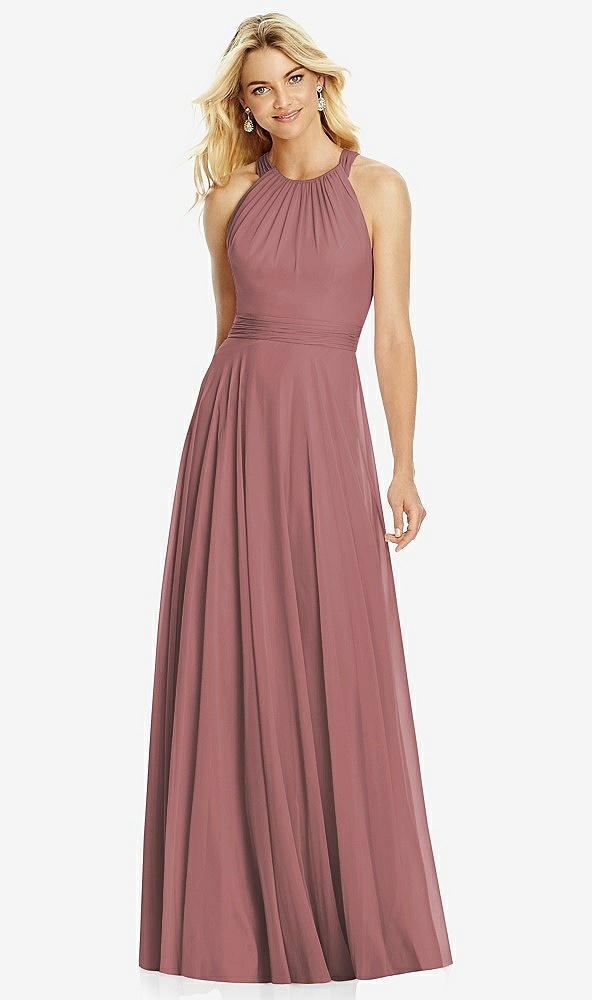 Front View - Rosewood Cross Strap Open-Back Halter Maxi Dress
