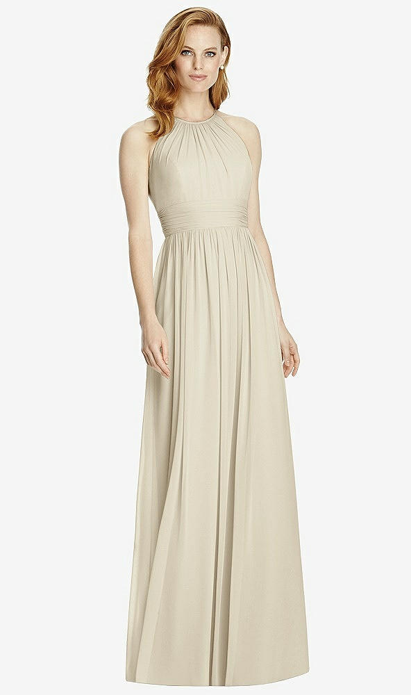 Front View - Champagne Cutout Open-Back Shirred Halter Maxi Dress