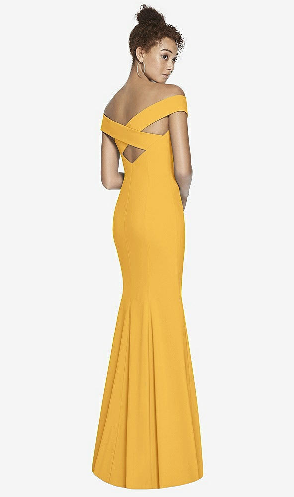 Front View - NYC Yellow Off-the-Shoulder Criss Cross Back Trumpet Gown