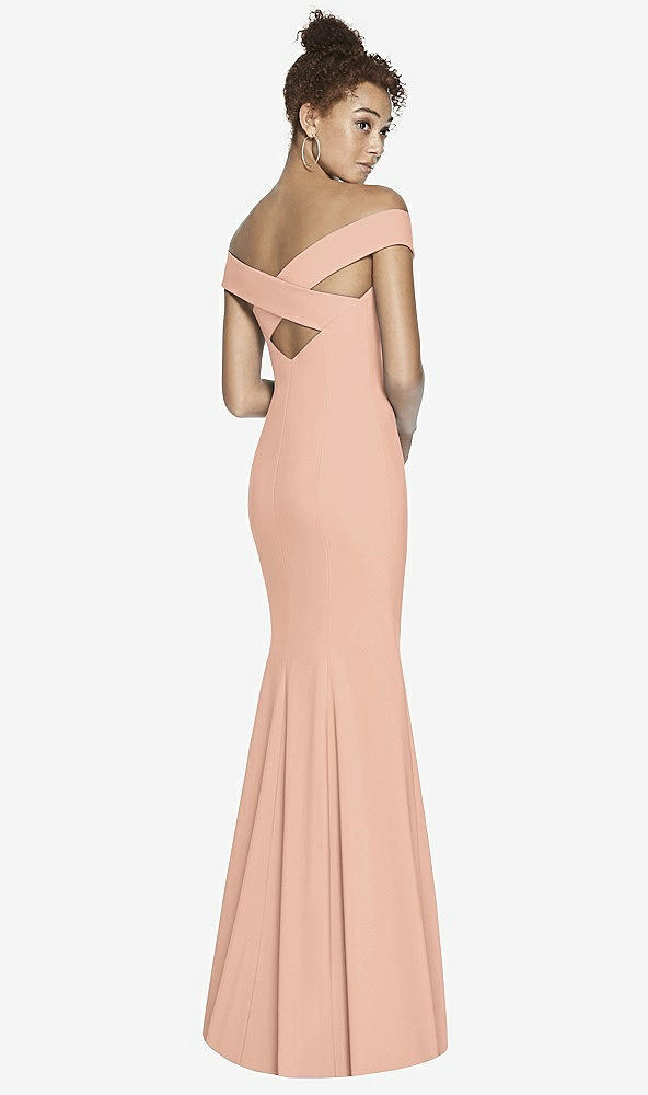 Front View - Pale Peach Off-the-Shoulder Criss Cross Back Trumpet Gown