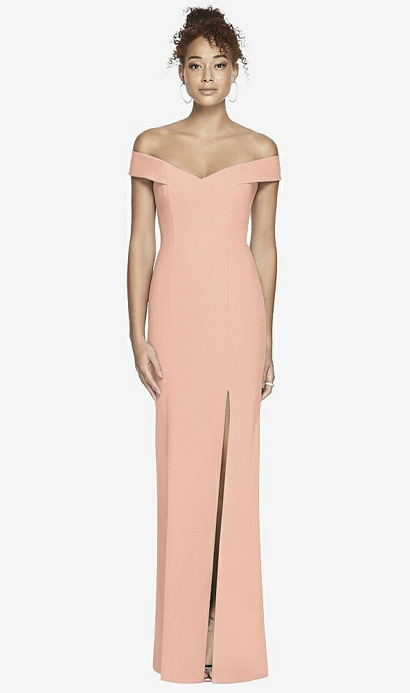 Back View - Pale Peach Off-the-Shoulder Criss Cross Back Trumpet Gown