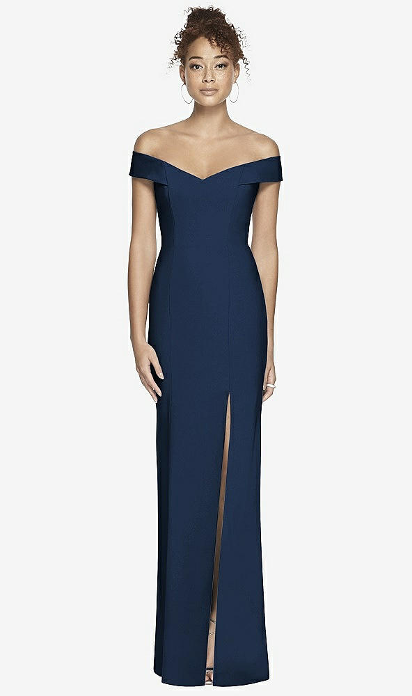 Back View - Midnight Navy Off-the-Shoulder Criss Cross Back Trumpet Gown