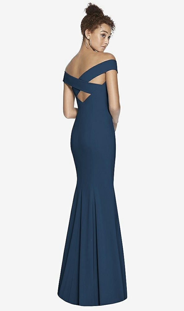 Front View - Sofia Blue Off-the-Shoulder Criss Cross Back Trumpet Gown