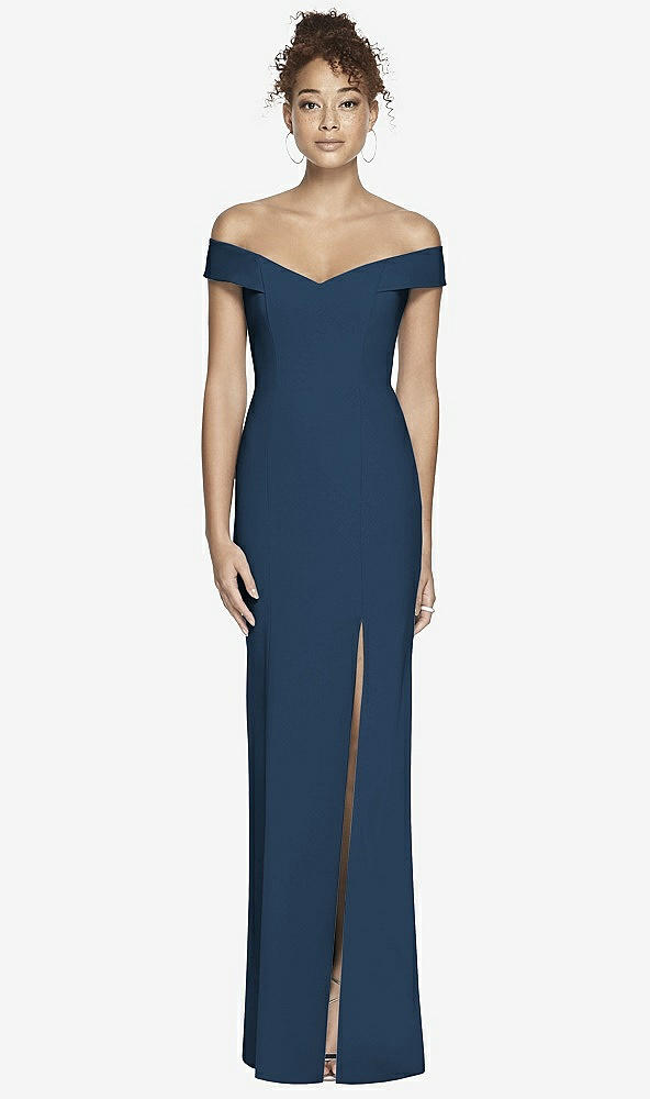 Back View - Sofia Blue Off-the-Shoulder Criss Cross Back Trumpet Gown